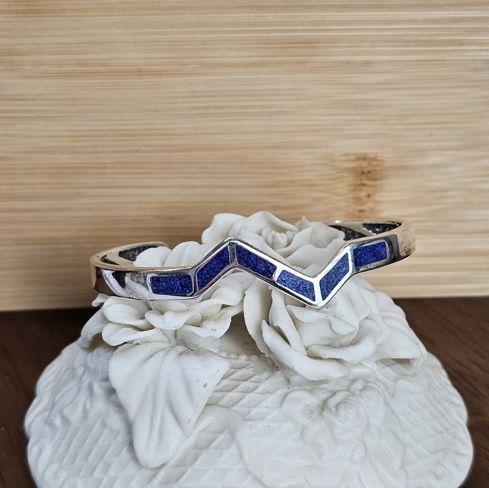 Vintage Coleman Co Walden Johnson Lapis 925 Silver Oval Zigzag Bracelet - Picture 3 of 11